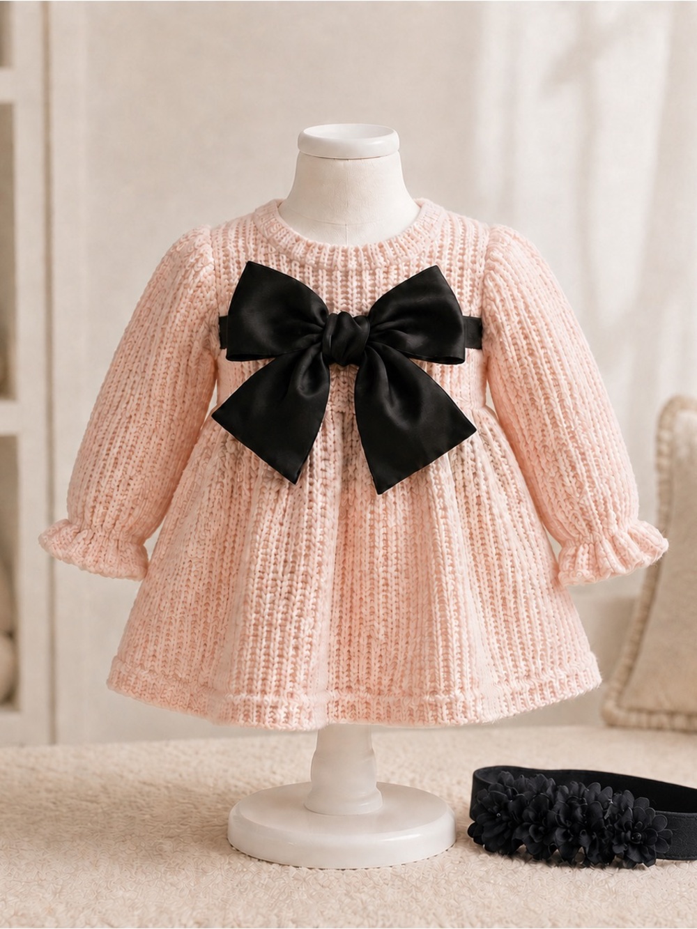 Wendy Bellissimo Pink Knit baby Dress with Black Bow & black headband size 6M